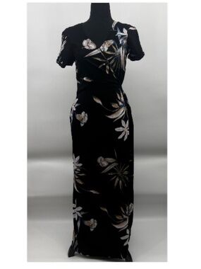 Roxy Dress Women XS Black Floral Wrap Short Cold Shoulder Sleeve Maxi Resort